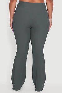 Womens Plus Size High Waisted Ribbed Knit Flare Leg Active Pants, Grey, Size 2X