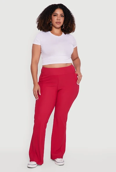 Plus High Waisted Ribbed Knit Flare Leg Active Pants