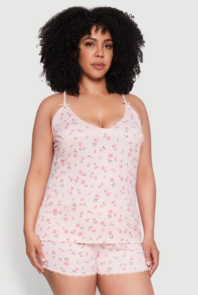 Womens Plus Size Rose Print Sleeveless Pajama Top and Shorts Set, Pink, Size 1X