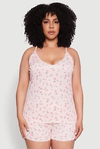 Womens Plus Size Rose Print Sleeveless Pajama Top and Shorts Set, Pink, Size 2X