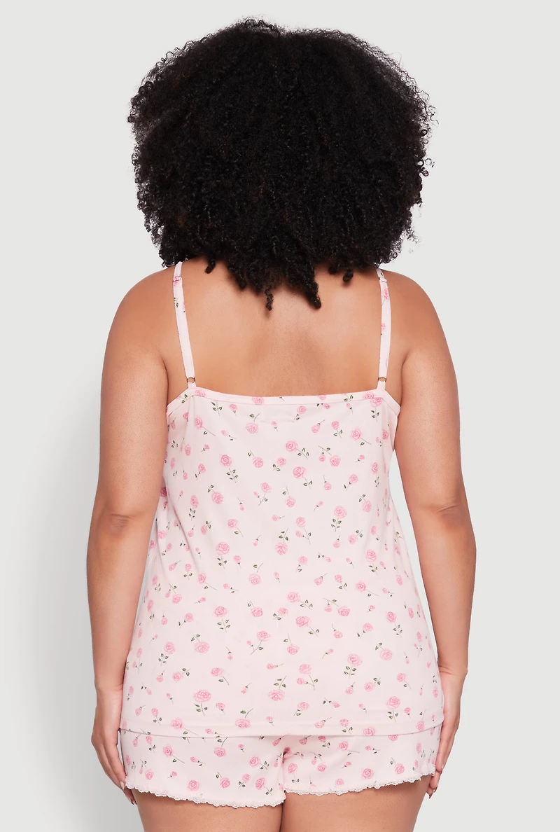 Womens Plus Size Rose Print Sleeveless Pajama Top and Shorts Set, Pink, Size 2X