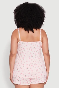 Womens Plus Size Rose Print Sleeveless Pajama Top and Shorts Set, Pink, Size 2X