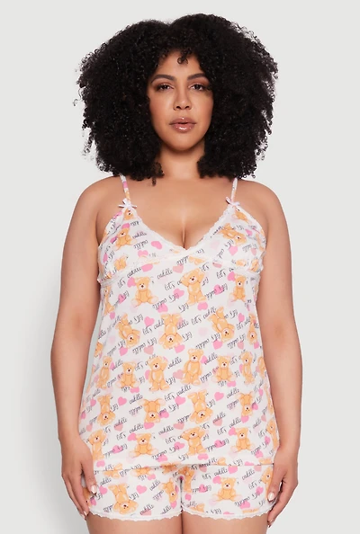 Womens Plus Size Lets Cuddle Graphic Sleeveless Pajama Top and Shorts Set, Multi, Size 1X