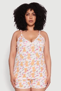 Womens Plus Size Lets Cuddle Graphic Sleeveless Pajama Top and Shorts Set, Multi, Size 1X
