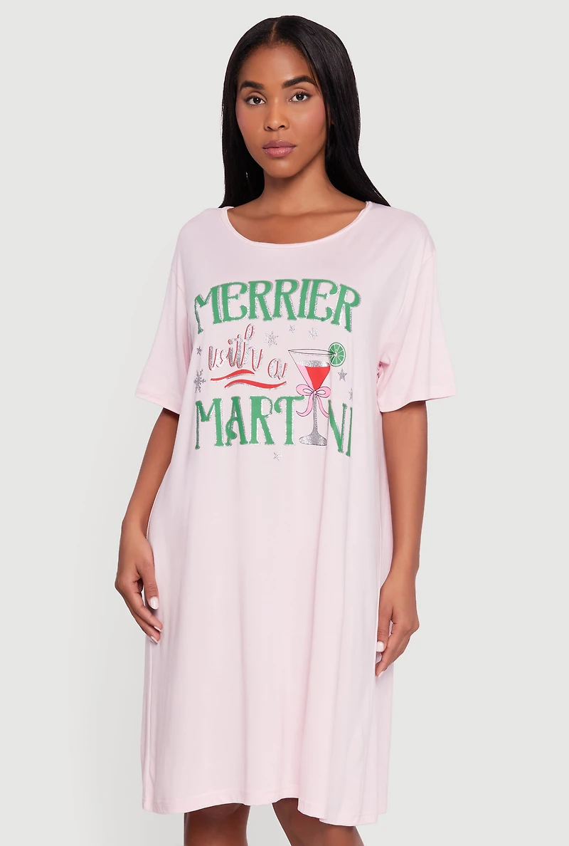 Oversized Merrier With A Martini Graphic Sleep Shirt