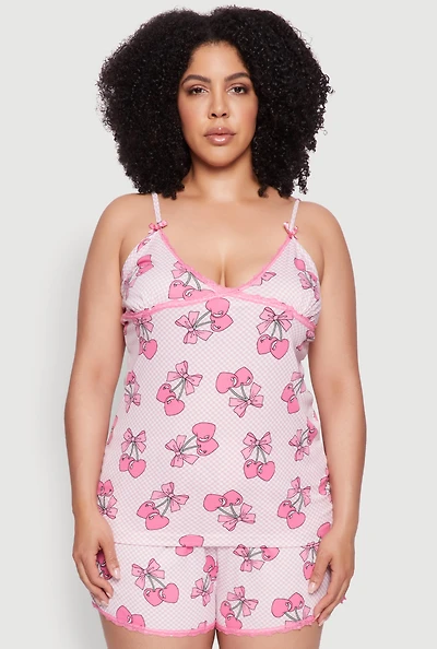 Womens Plus Size Lace Trim Fruit Print Cami and Shorts Pajama Set, Pink, Size 1X