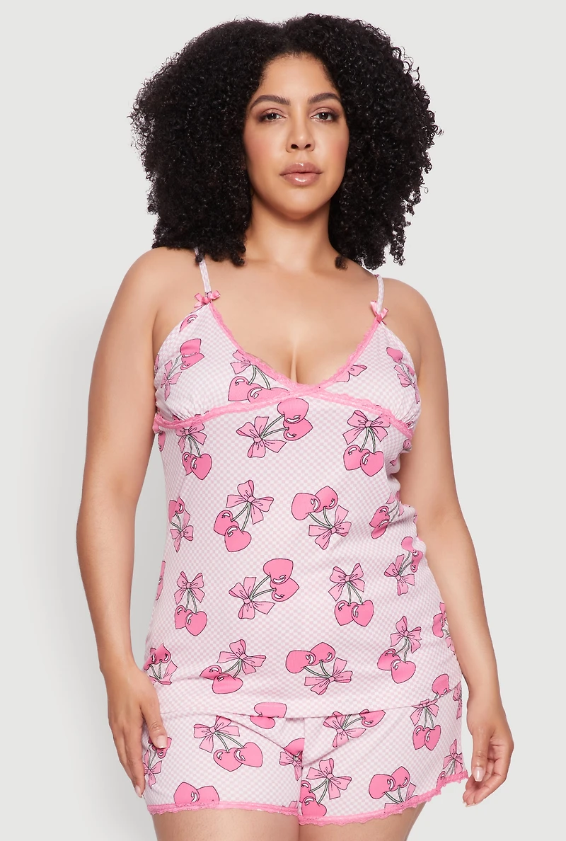 Womens Plus Size Lace Trim Fruit Print Cami and Shorts Pajama Set, Pink, Size 1X