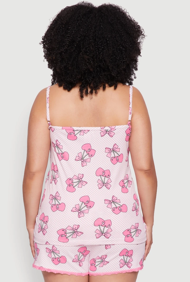 Womens Plus Size Lace Trim Fruit Print Cami and Shorts Pajama Set, Pink, Size 1X