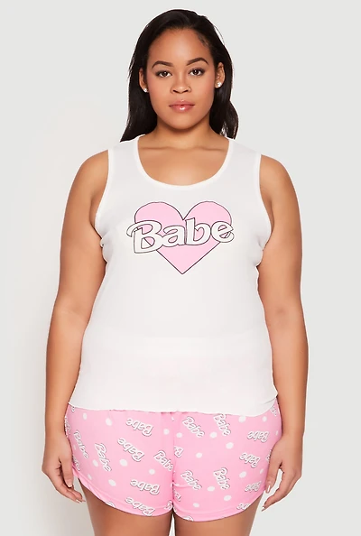 Womens Plus Size Babe Graphic Pajama Tank Top and Shorts, White, Size 2X