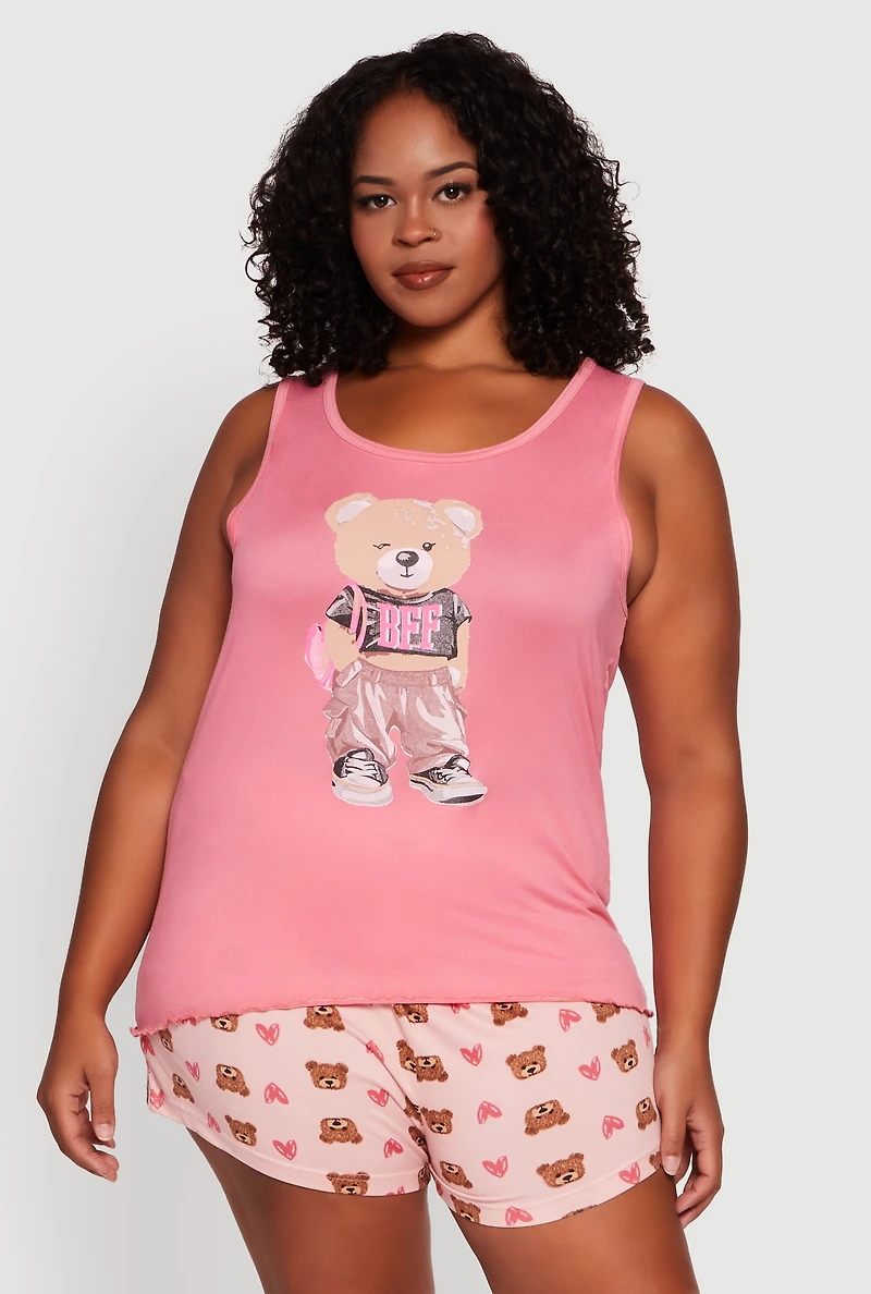 Plus Teddy Bear BFF Graphic Pajama Top and Shorts