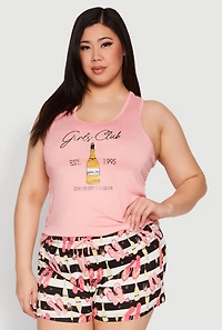Womens Plus Girls Club Racerback Pajama Tank Top and Shorts, Pink,