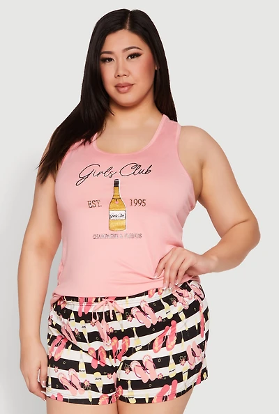 Womens Plus Size Girls Club Racerback Pajama Tank Top and Shorts, Pink, Size 1X