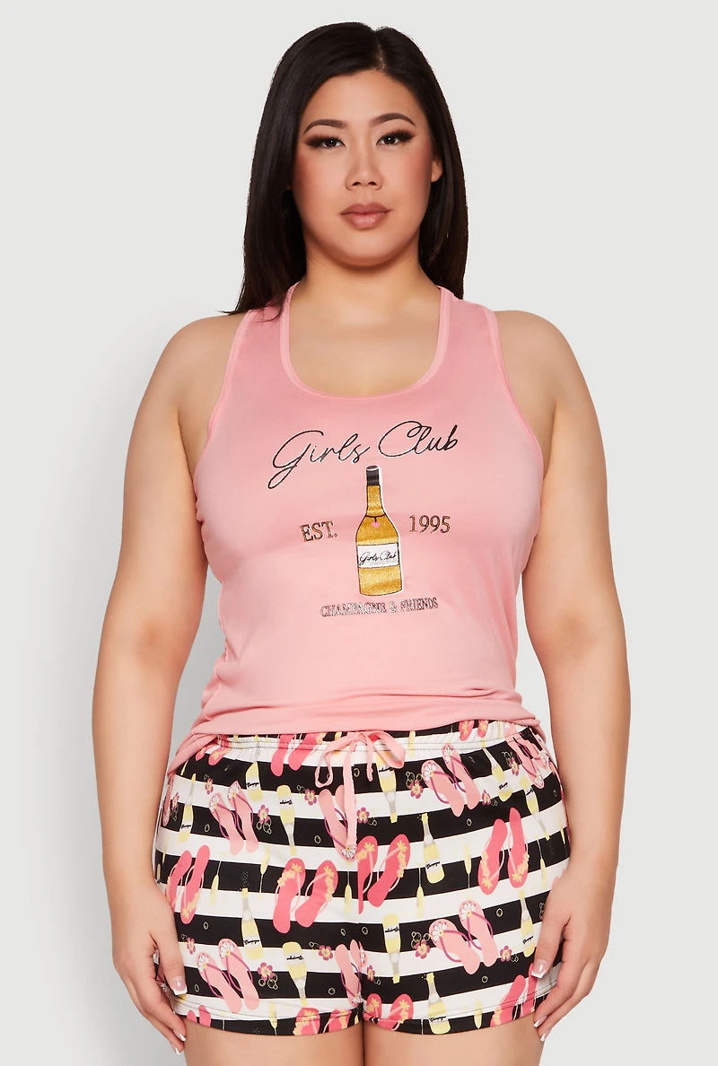 Womens Plus Size Girls Club Racerback Pajama Tank Top and Shorts, Pink, Size 2X