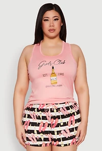 Womens Plus Size Girls Club Racerback Pajama Tank Top and Shorts, Pink, Size 2X