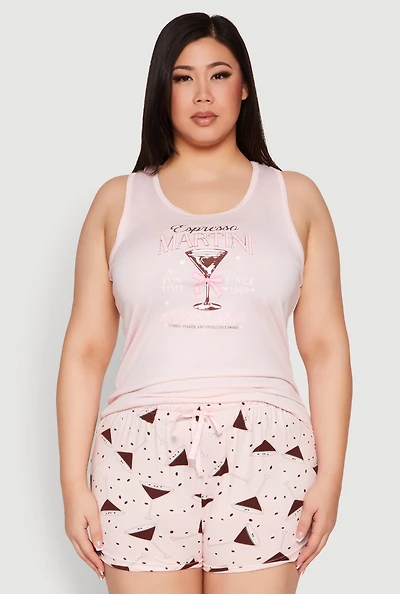 Womens Plus Size Espresso Martini Pajama Tank Top and Shorts, Pink, Size 3X
