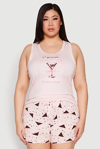 Womens Plus Size Espresso Martini Pajama Tank Top and Shorts, Pink, Size 3X