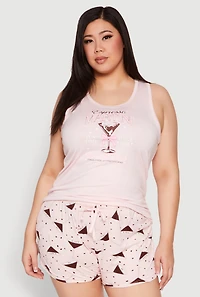 Womens Plus Size Espresso Martini Pajama Tank Top and Shorts, Pink, Size 3X