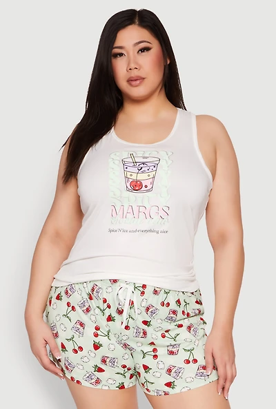 Womens Plus Size Spicy Margs Racerback Pajama Tank Top and Shorts, White, Size 3X