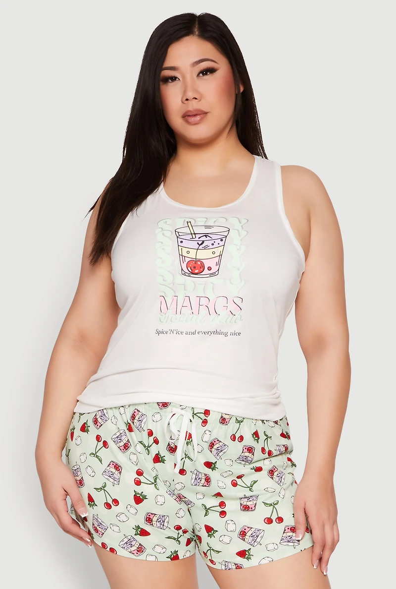 Womens Plus Spicy Margs Racerback Pajama Tank Top and Shorts, White,