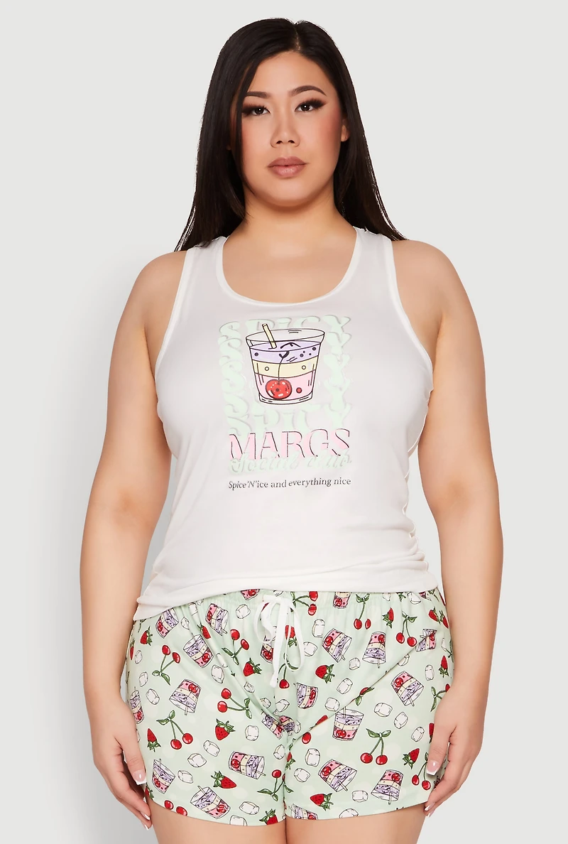 Womens Plus Size Spicy Margs Racerback Pajama Tank Top and Shorts, White, Size 1X