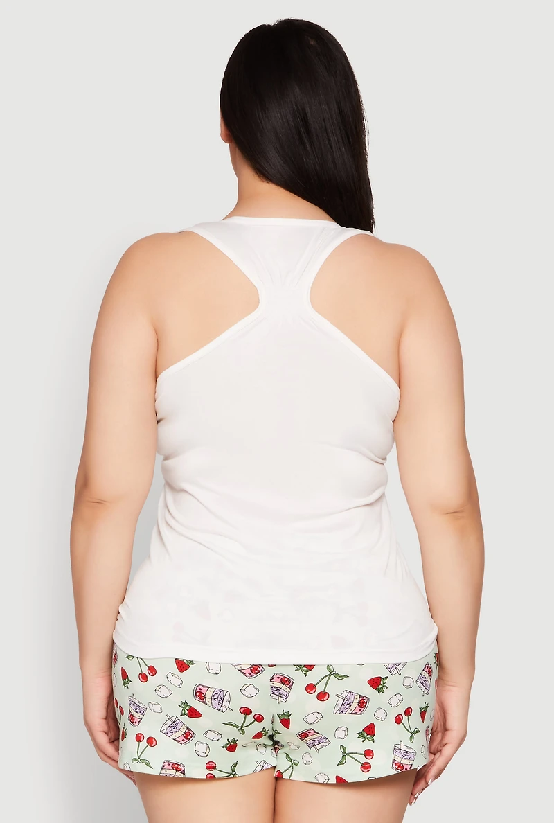 Womens Plus Size Spicy Margs Racerback Pajama Tank Top and Shorts, White, Size 3X