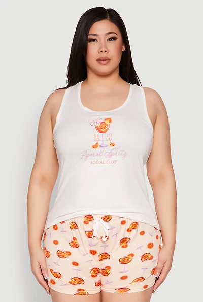 Womens Plus Size Aperol Spritz Pajama Tank Top and Shorts, White, Size 3X
