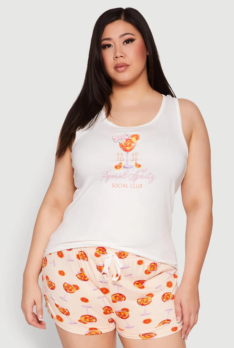 Womens Plus Size Aperol Spritz Pajama Tank Top and Shorts, White, Size 2X