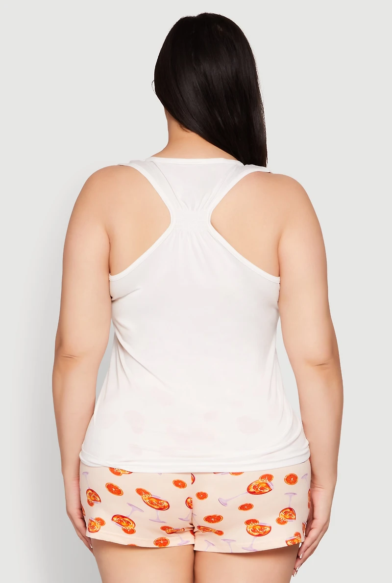 Womens Plus Size Aperol Spritz Pajama Tank Top and Shorts, White, Size 2X