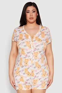 Womens Plus Size Cuddle Bear Graphic Pajama Romper, Multi, Size 3X