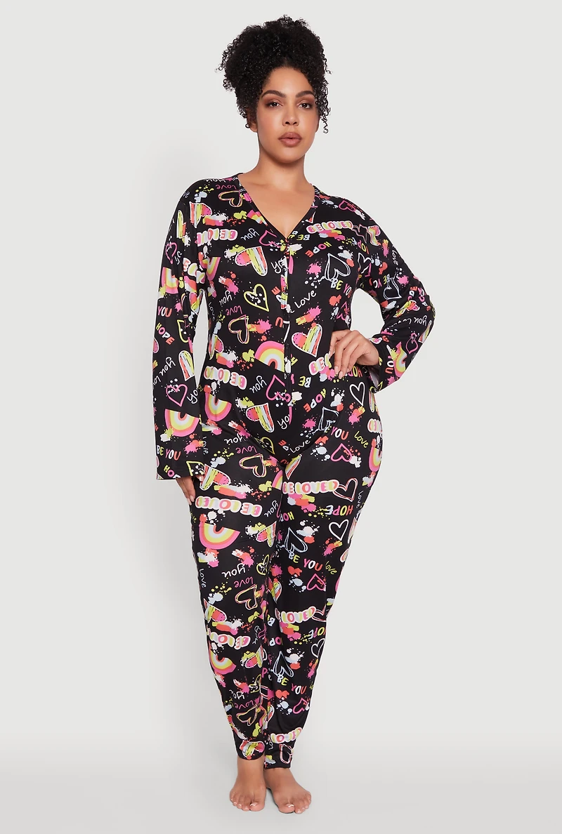 Womens Plus Size Be Loved Graphic Pajama Onesie, Multi, Size 3X