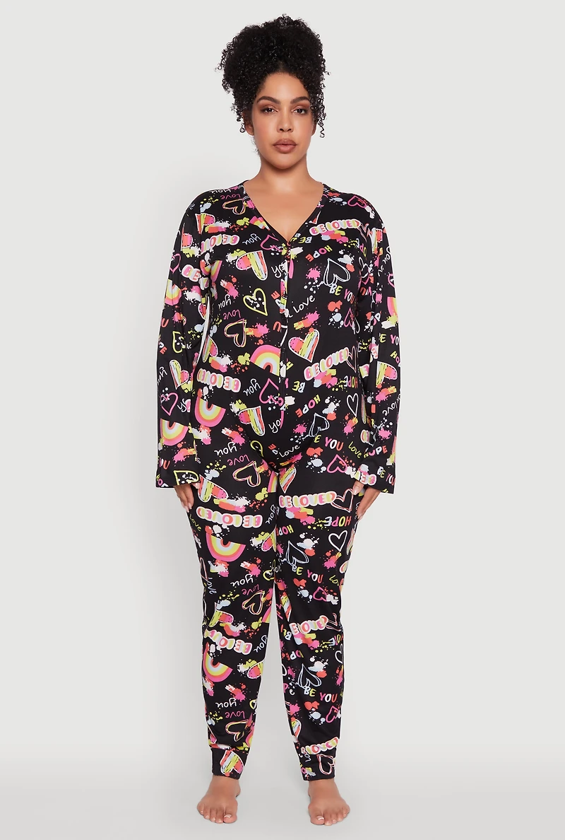 Womens Plus Size Be Loved Graphic Pajama Onesie, Multi, Size 3X