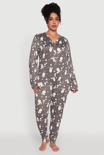 Womens Plus Size Penguin Print Pajama Onesie, Grey, Size 2X