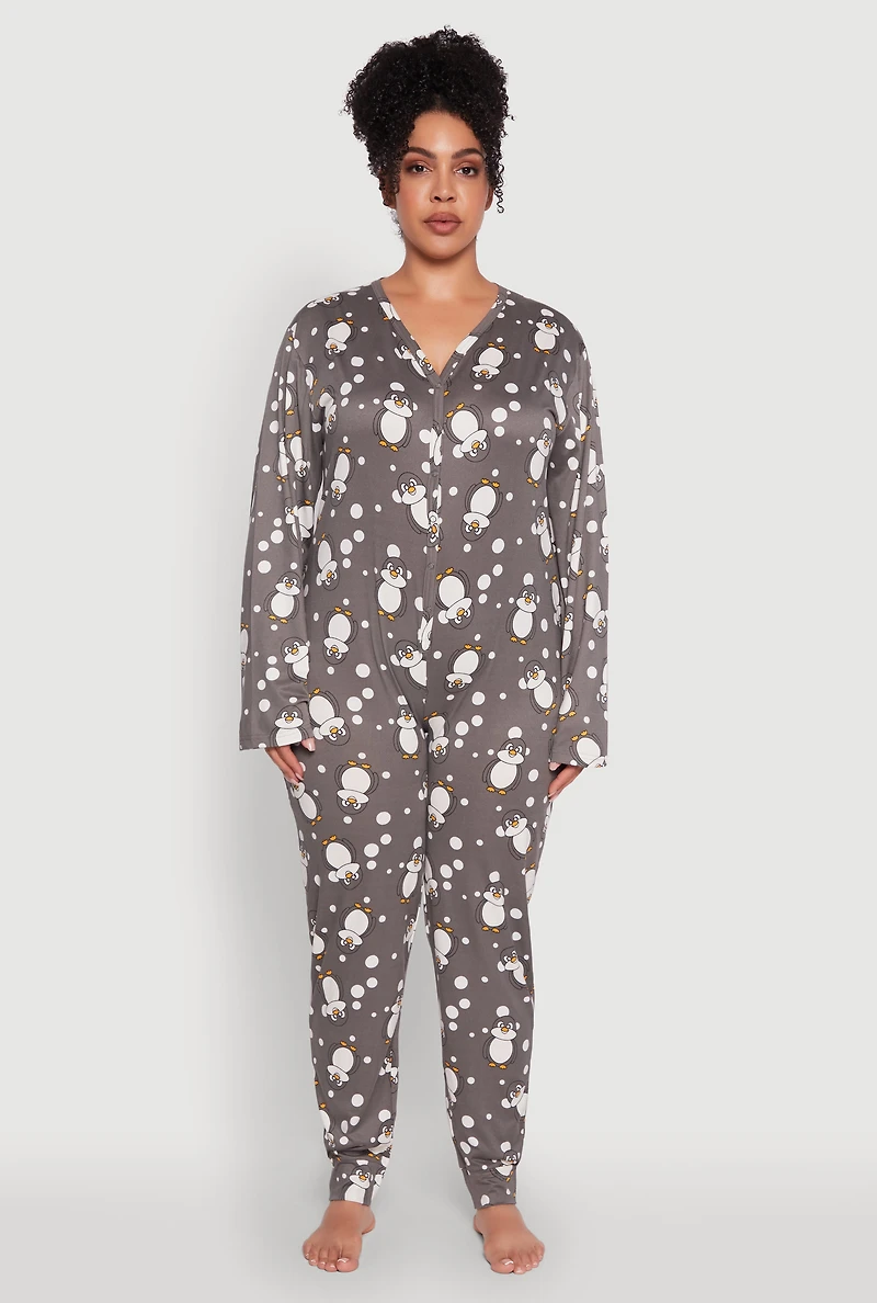 Womens Plus Size Penguin Print Pajama Onesie, Grey, Size 1X