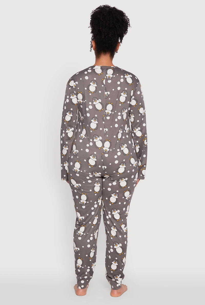 Womens Plus Size Penguin Print Pajama Onesie, Grey, Size 1X