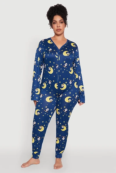 Womens Plus Size Moon Panda Graphic Pajama Onesie, Blue, Size 3X