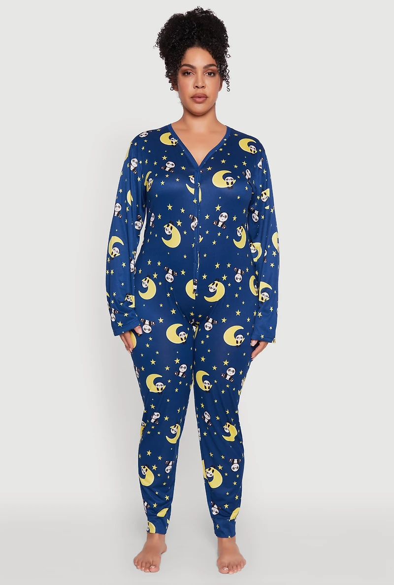 Womens Plus Size Moon Panda Graphic Pajama Onesie, Blue, Size 1X