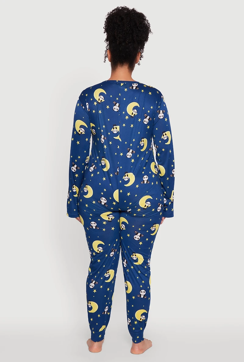Womens Plus Size Moon Panda Graphic Pajama Onesie, Blue, Size 3X