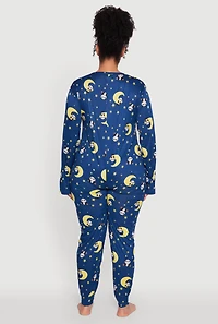 Womens Plus Size Moon Panda Graphic Pajama Onesie, Blue, Size 1X