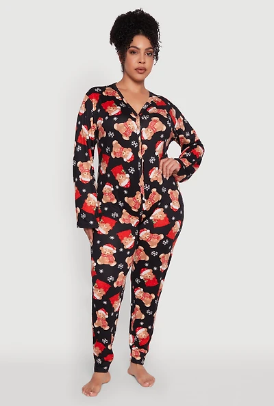 Womens Plus Size Santa Teddy Bear Print Pajama Onesie, Multi, Size 1X
