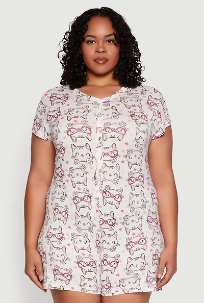 Womens Plus Size Meow Pajama Romper, Multi, Size 2X