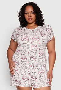 Womens Plus Size Meow Pajama Romper, Multi, Size 3X