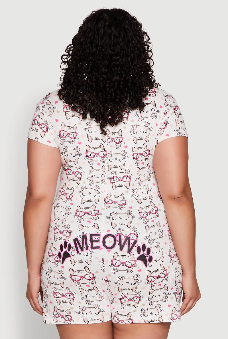 Womens Plus Size Meow Pajama Romper, Multi, Size 3X