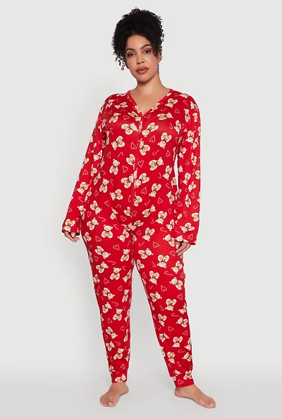 Womens Plus Size Teddy Bear Graphic Pajama Onesie, Red, Size 2X