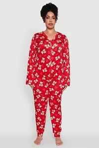 Womens Plus Size Teddy Bear Graphic Pajama Onesie, Red, Size 1X