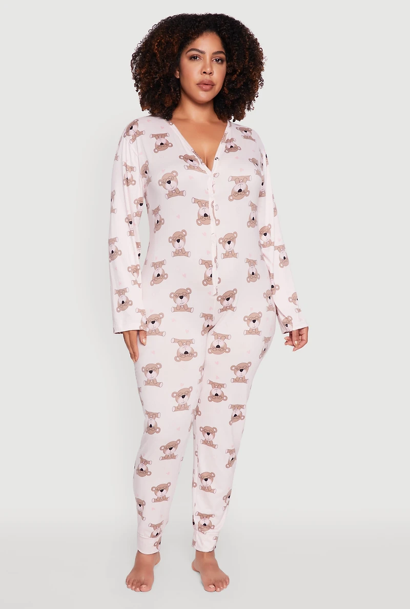 Womens Plus Size Heart Bear Graphic Pajama Onesie, Pink, Size 3X