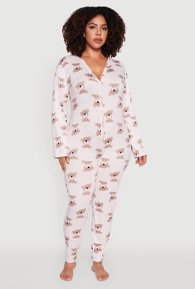 Womens Plus Size Heart Bear Graphic Pajama Onesie, Pink, Size 3X