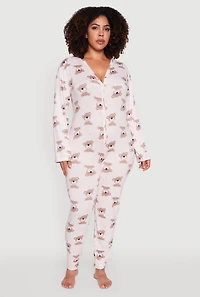 Womens Plus Size Heart Bear Graphic Pajama Onesie, Pink, Size 3X