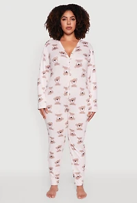 Womens Plus Size Heart Bear Graphic Pajama Onesie, Pink, Size 3X
