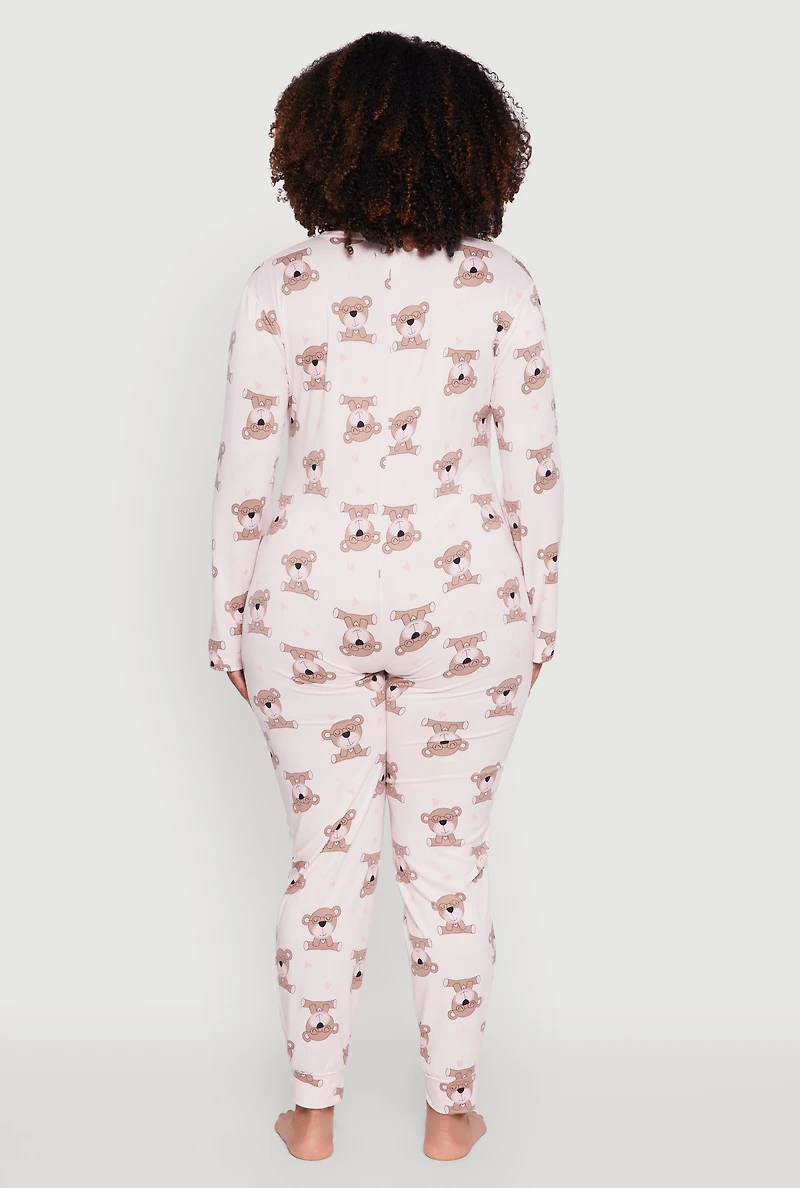 Womens Plus Size Heart Bear Graphic Pajama Onesie, Pink, Size 3X