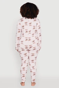 Womens Plus Size Heart Bear Graphic Pajama Onesie, Pink, Size 3X